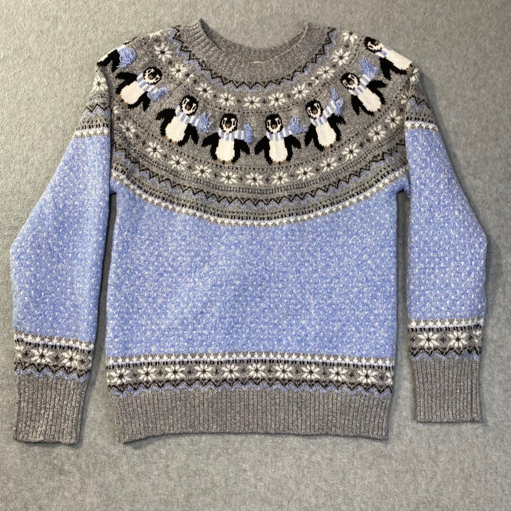 Holiday Time Penguin Christmas Sweater Woman's Sz 8-10 Blue Fair Isle Winter EUC